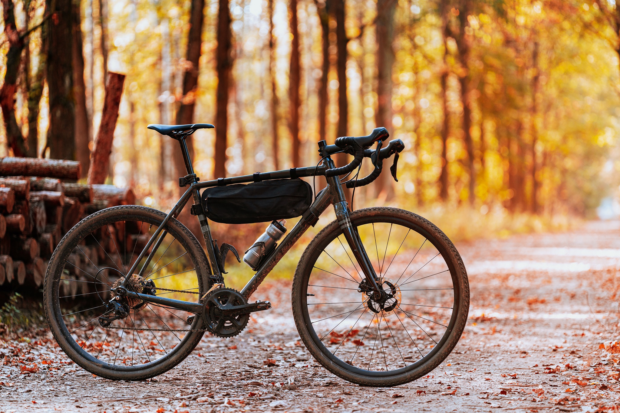 Picture of gravel bike standing on forest road in autumn Picture of gravel bike standing on forest road in autumn